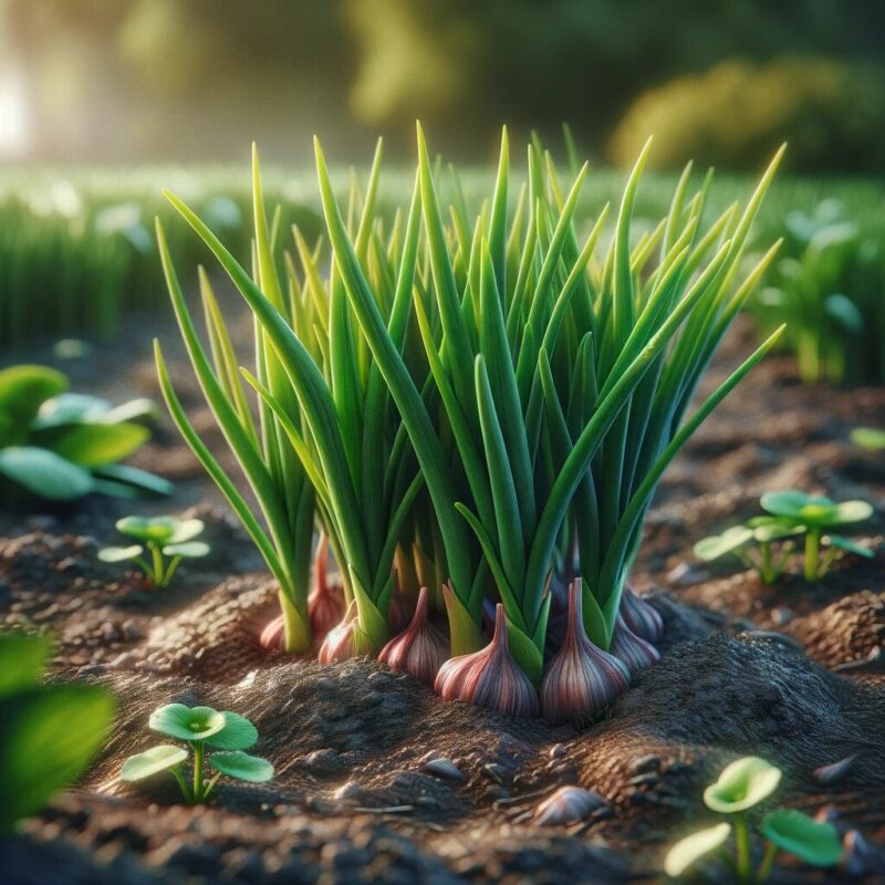 when to plant garlic - A highly detailed and realistic image of garlic plants growing in a garden. The focus is on the green, leafy tops of the garlic plants, which emerge f